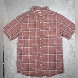 Original Weatherproof Men’s Linen Cotton Blend Red Brown Plaid Button Shirt M